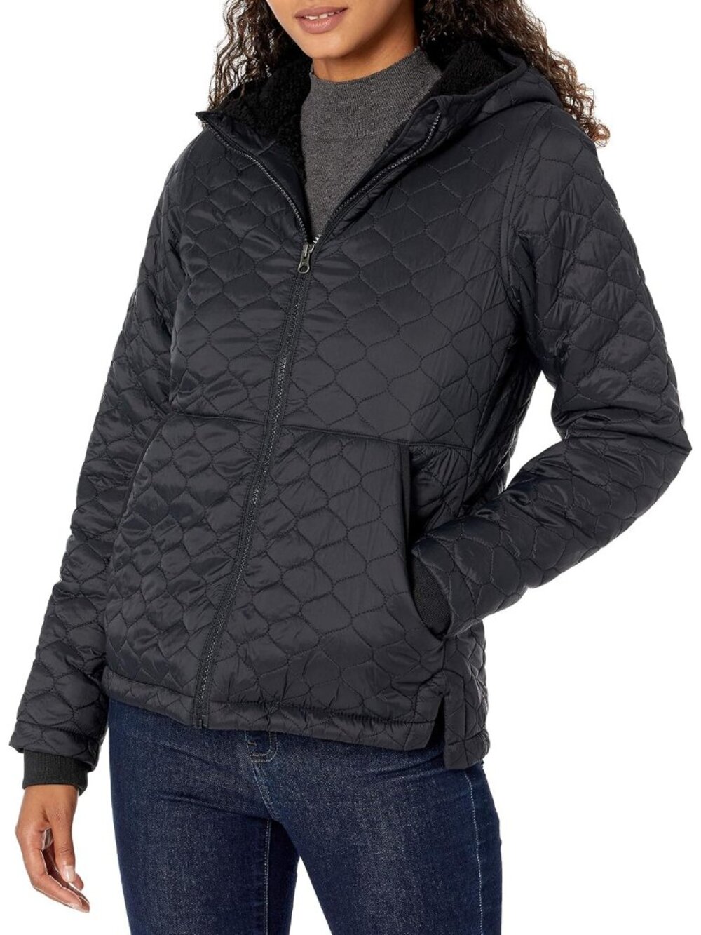 Womens Black Fleece Hooded Full-zip Faux-sherpa Pocket Lightweight Puffer Jacket